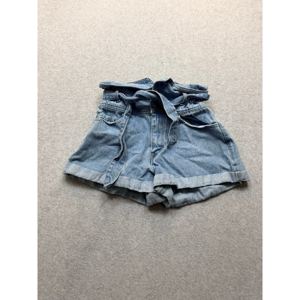 Light Wash Blue Denim Paperbag Waist Shorts with Belt Cuffed Hem High Rise
